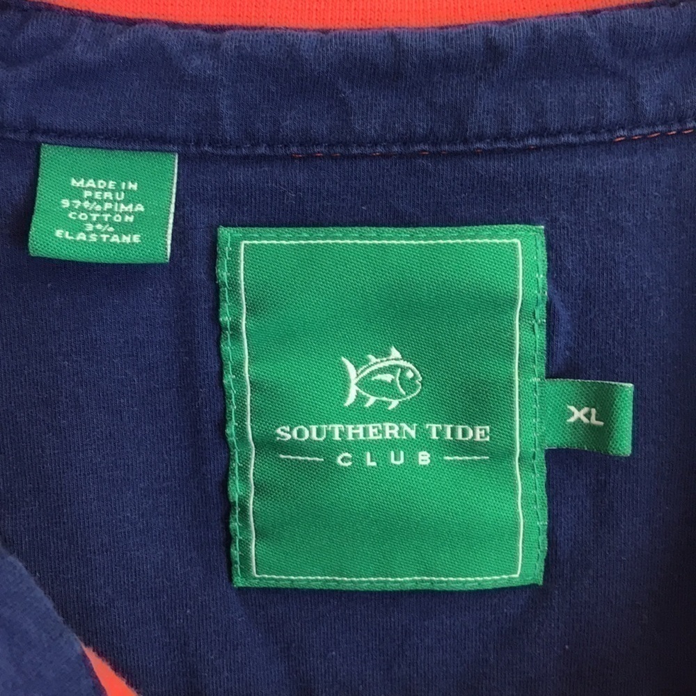 Southern Tide Performance Polo Shirt Navy Blue and Orange Stripes Size XL - Picture 3 of 4